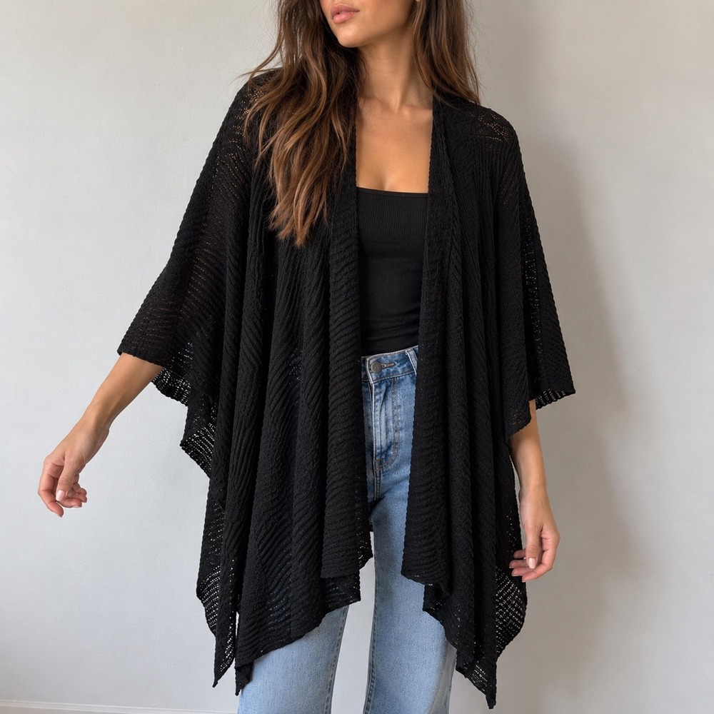 Eileen Fisher Black Cardigan Open Front Hemp Blend OS Minimalist Goth Wichy